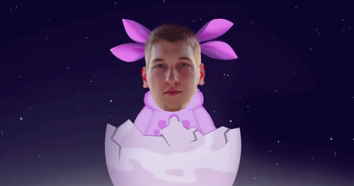 Portrait of Roman Evtushenko depicted as Luntik – a cartoon character from a Russian animated series who is known for its meme phrase "I have born"